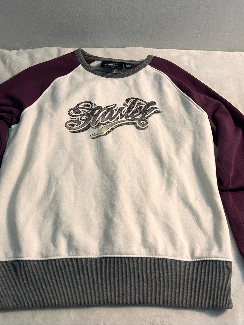Harley-Davidson White Crewneck with Plum Raglan Sleeves and Gray Trim